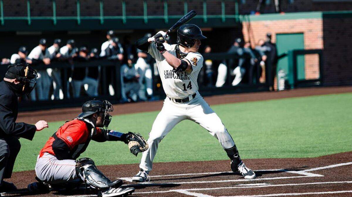 Wichita State’s David VanVooren takes an at-bat against No. 13 Arizona in the Shockers’ 10-9 victory on Friday night in Tucson.