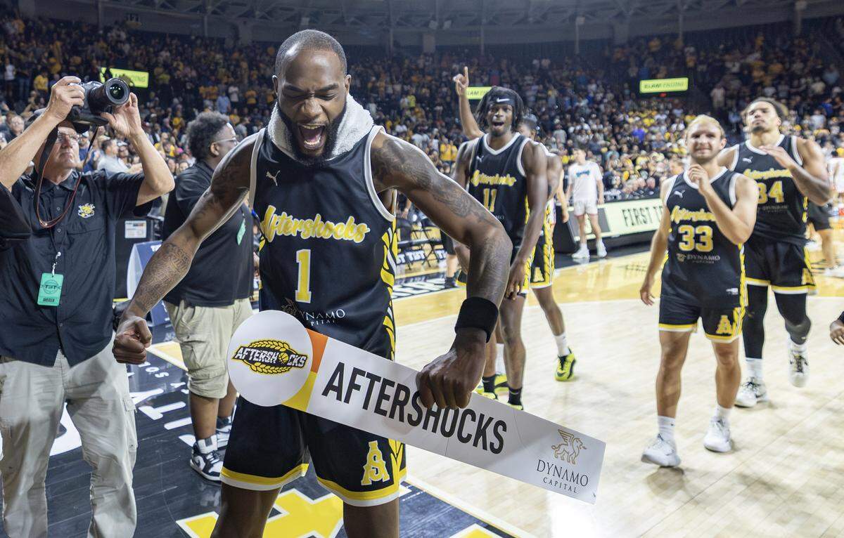 Markis McDuffie lets out a scream at Koch Arena on Thursday night after the AfterShocks secured a spot in the final of the TBT tournament to play for a million dollars.