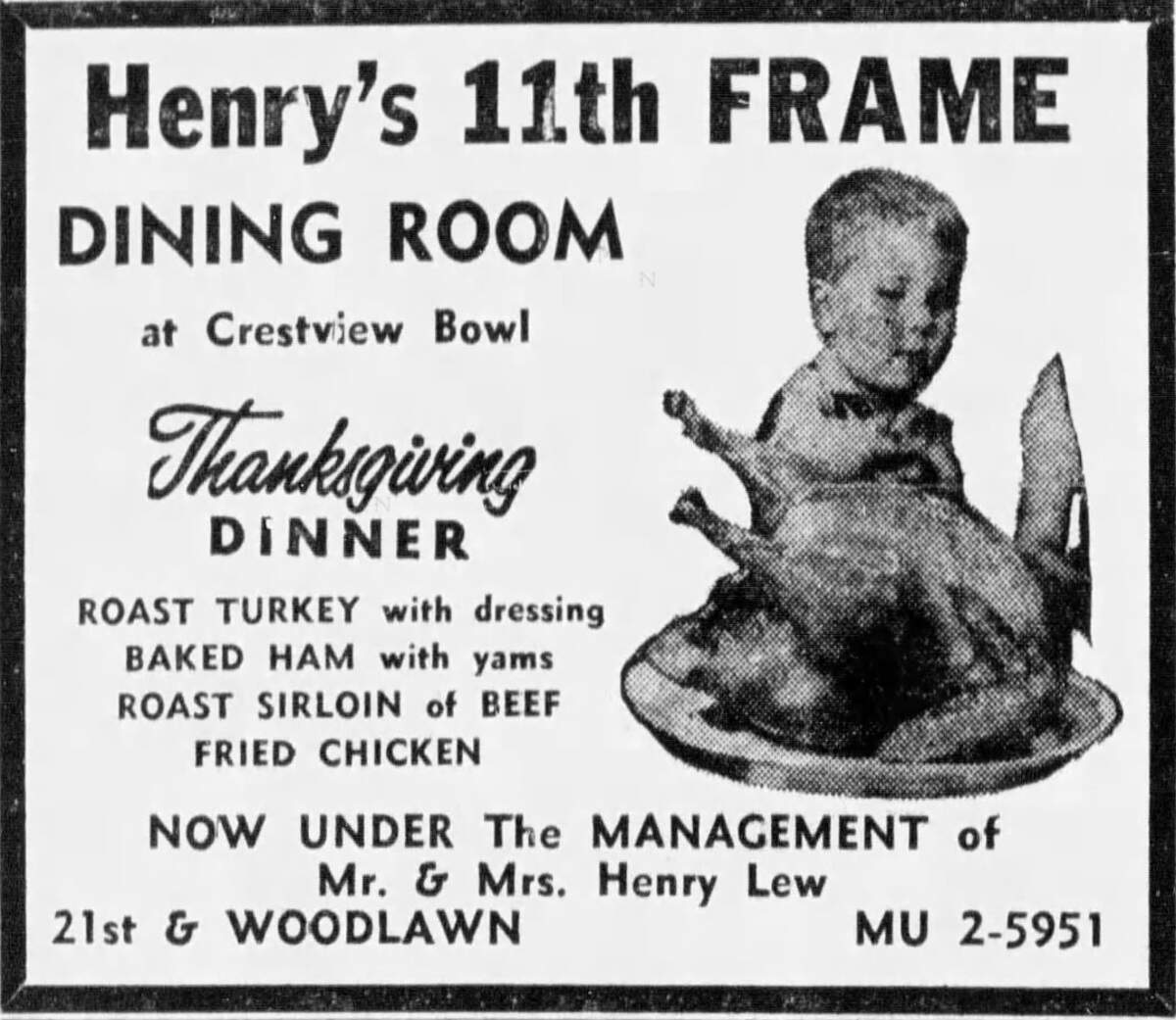 In 1966, experienced restaurateur Henry Lew took over the 11th Frame restaurant inside the Crestview Bowling Alley, 21st and Woodlawn. Over the next 20 years, the restaurant developed a reputation for being one of Wichita’s best Chinese restaurants. (It also served traditional American fare like steak, chicken and burgers.)
