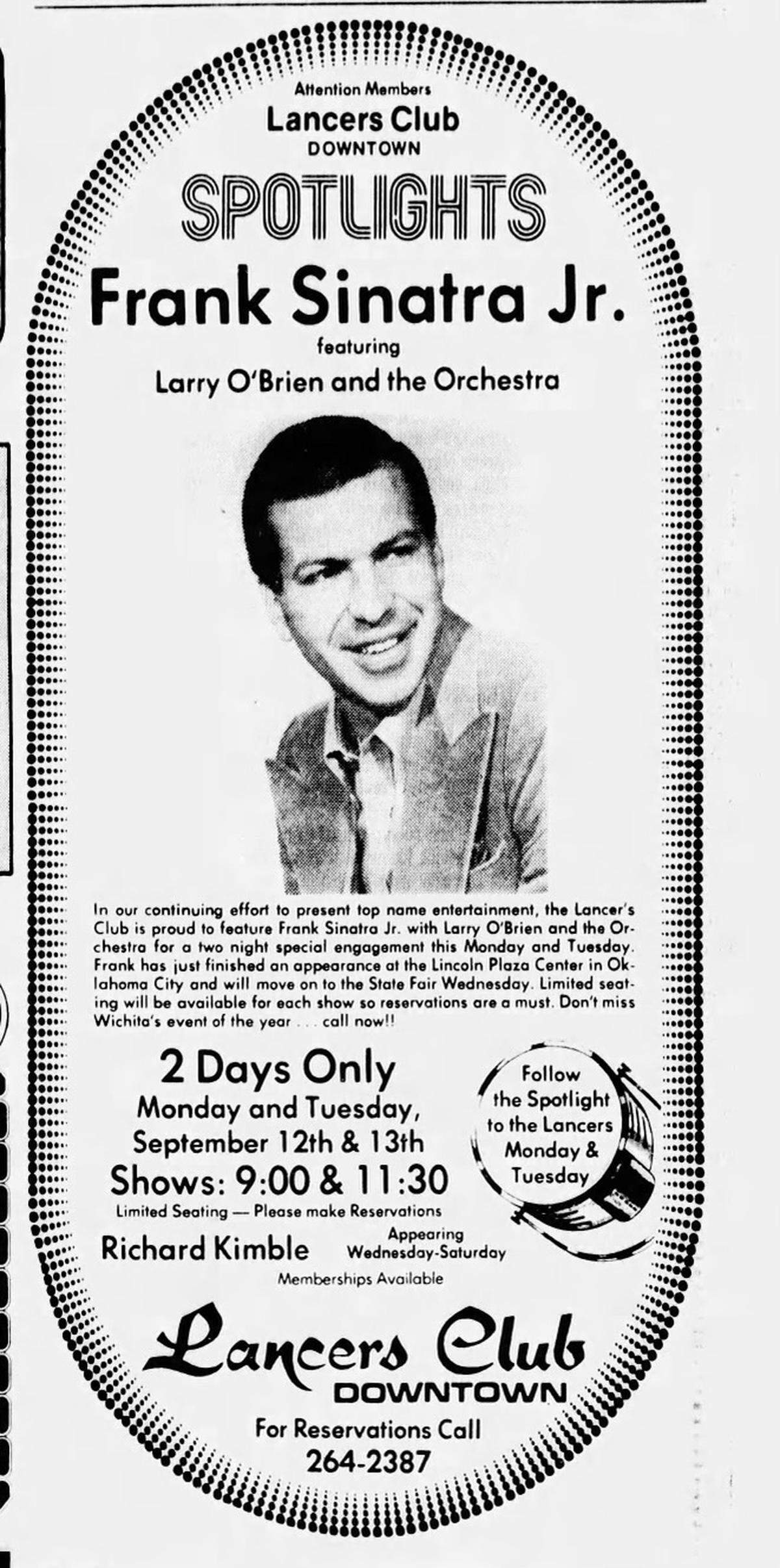 Frank Sinatra Jr. played on the Lancers Club stage in 1977.