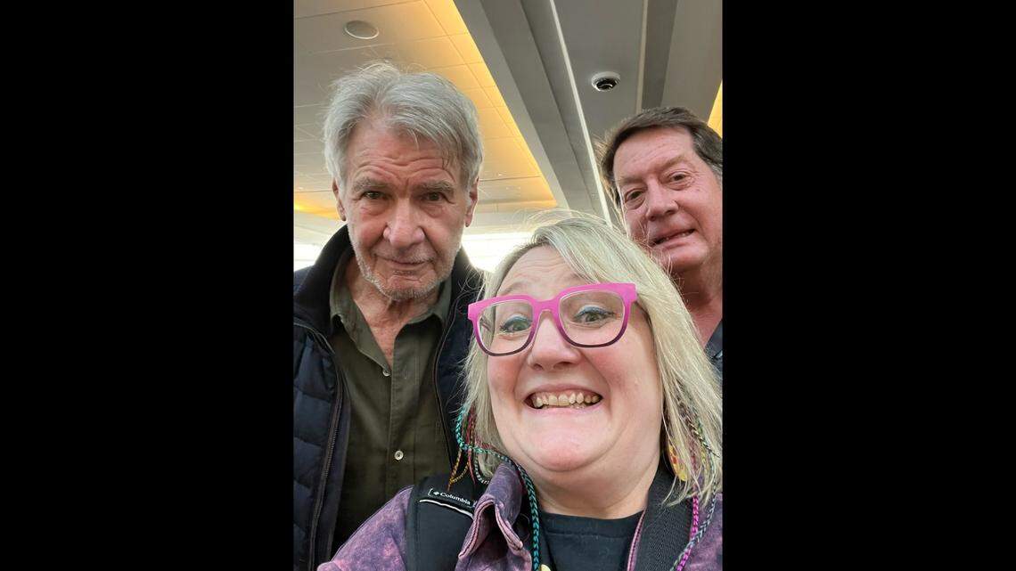 Shawny Montgomery, an art teacher in Cheney, spotted Harrison Ford boarding her flight to Denver at Wichita’s Eisenhower Airport in 2024 and got a selfie with Ford and with her husband, Rob. The picture represents the last known public Wichita sighting of Ford.