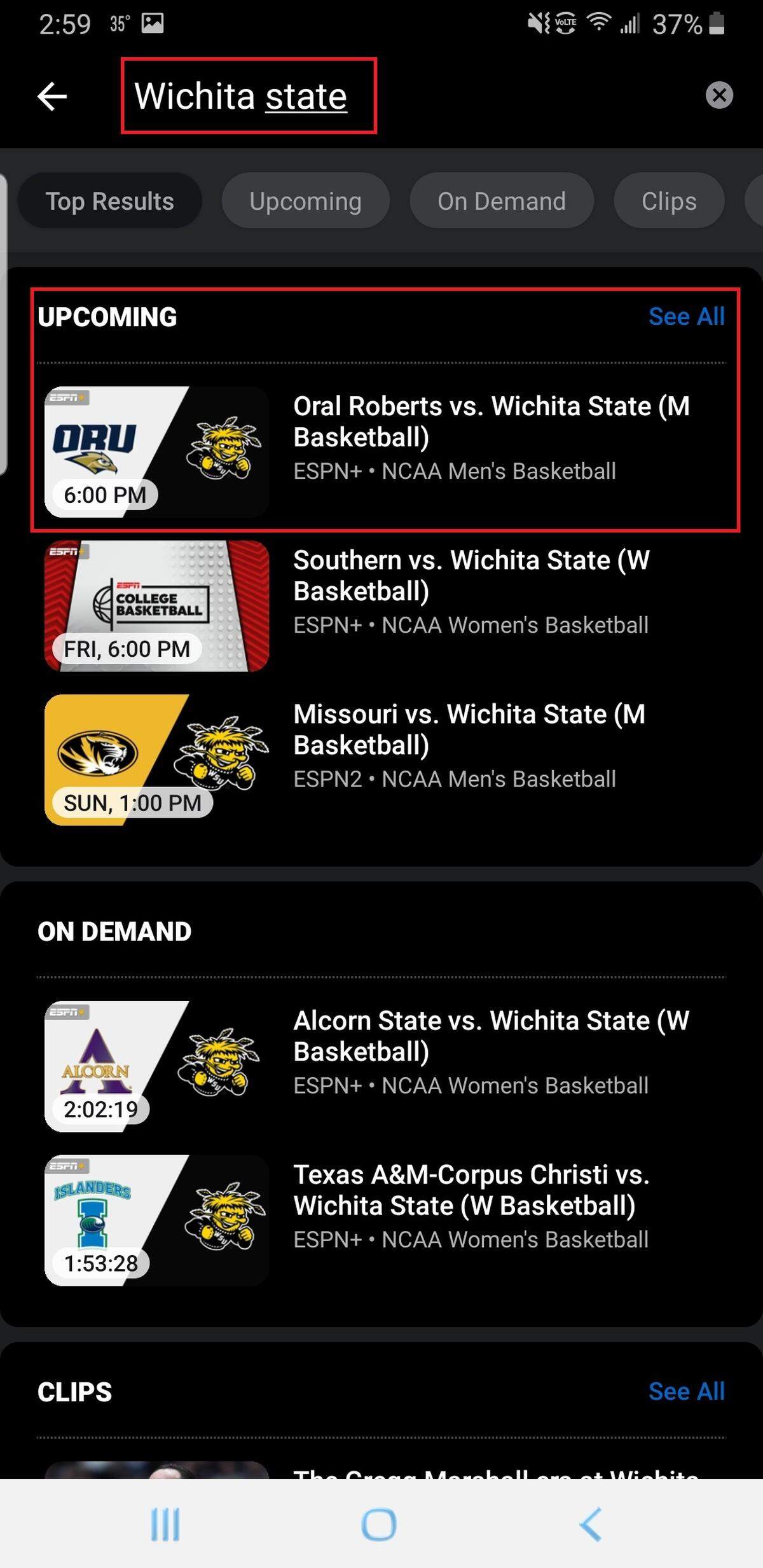 Search Wichita State to find the game.