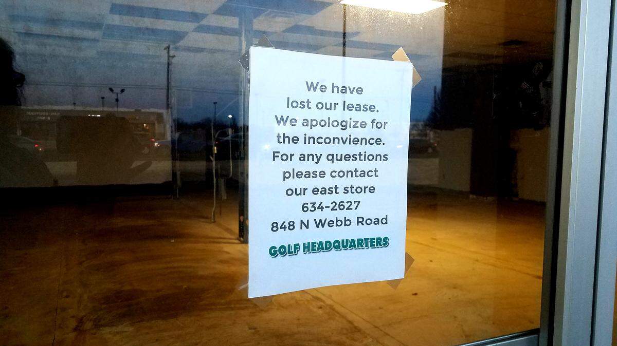 A sign on the door of the former west-side Golf Headquarters explains that the business lost its lease at 21st and Tyler. Owner Greg Schmidt says he plans to reopen the store as soon as he can find a new space.