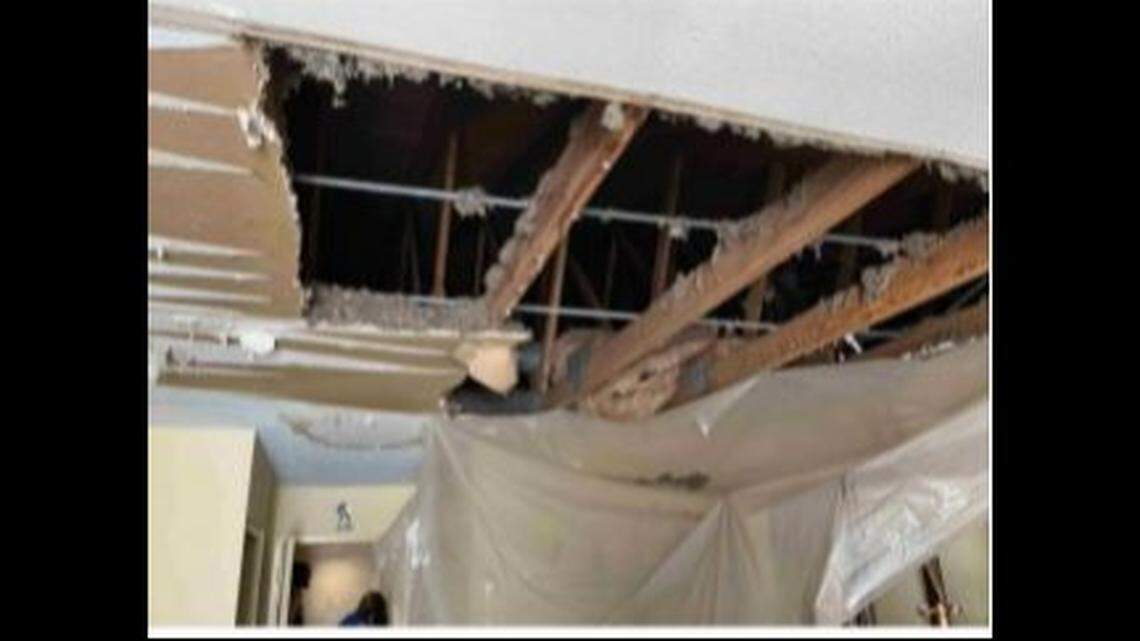 This photo from the Wichita Fire Department inspection report appears to show an exposed ceiling in a storage room.