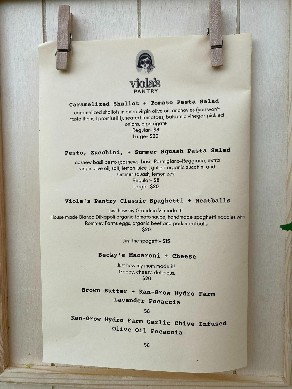 The menu offered by Viola’s Pantry at its first market outing on Sunday at the Shop & Grub market at Naftzger Park