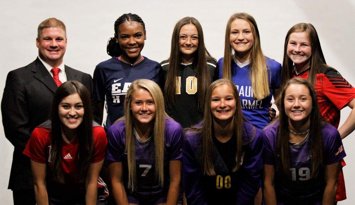 The Wichita Eagle’s 2019 All-Metro Girls Soccer Team: (Back row) Wichita North coach Curt Wullschleger, Wichita East’s Brynn Walker, Maize South’s Angela Palmer, Kapaun Mt. Carmel’s Emily Michaelis, Maize’s Cammie Davis, (Front row) Wichita North’s Nayeli Gallo, Valley Center’s Emily Breault, Valley Center’s Kyrah Klumpp, Valley Center’s Kelsey Ray (Not pictured: Bishop Carroll’s Taylor Bockover, Taryn Lubbers, Collegiate’s Maddie Reed)