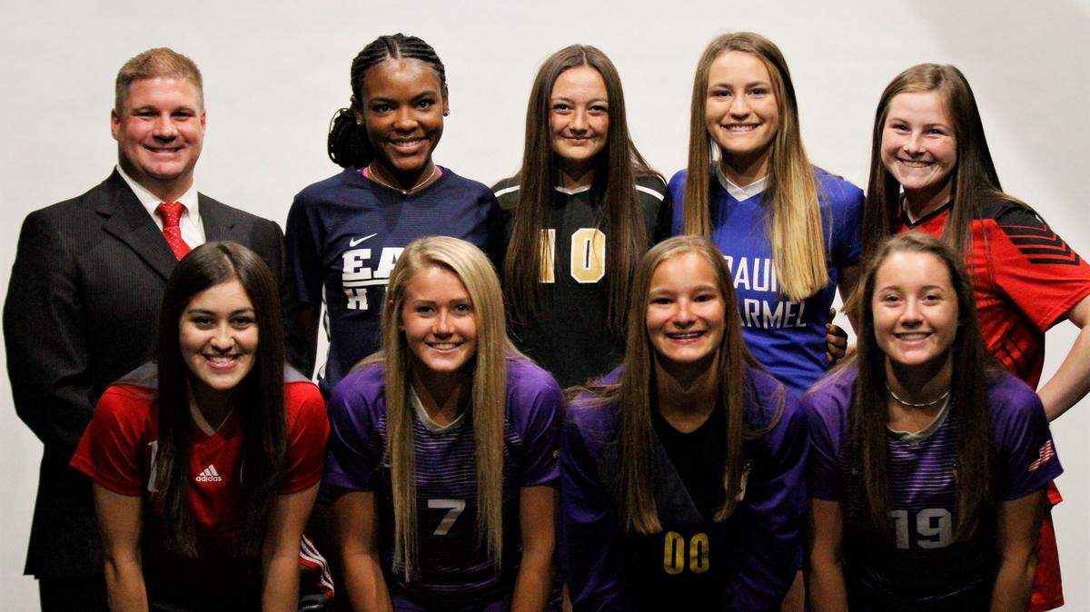 The Wichita Eagle’s 2019 All-Metro Girls Soccer Team: (Back row) Wichita North coach Curt Wullschleger, Wichita East’s Brynn Walker, Maize South’s Angela Palmer, Kapaun Mt. Carmel’s Emily Michaelis, Maize’s Cammie Davis, (Front row) Wichita North’s Nayeli Gallo, Valley Center’s Emily Breault, Valley Center’s Kyrah Klumpp, Valley Center’s Kelsey Ray (Not pictured: Bishop Carroll’s Taylor Bockover, Taryn Lubbers, Collegiate’s Maddie Reed)