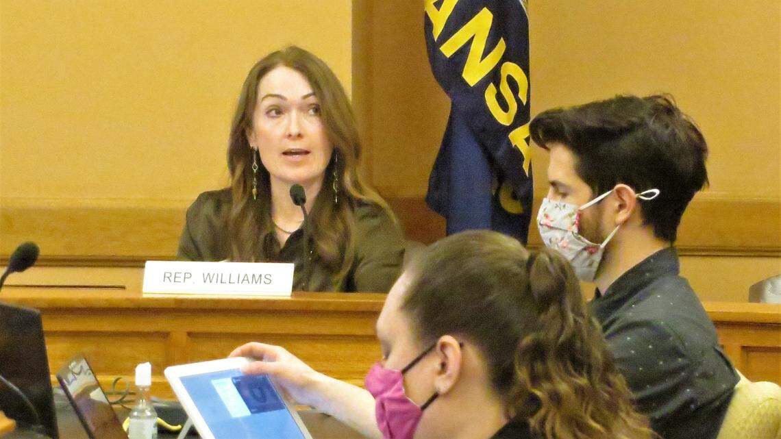 Rep. Kristey Williams, R-Augusta, left, questions Deputy Labor Secretary Brett Flachsbarth, who appeared before the Legislative Post Audit Committee on video.