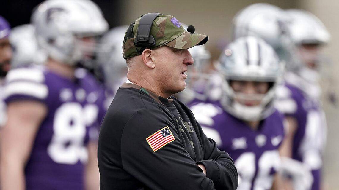 Kansas State head coach Chris Klieman watches from the sideline against West Virginia, Saturday, Nov. 13, 2021, in Manhattan, Kan.