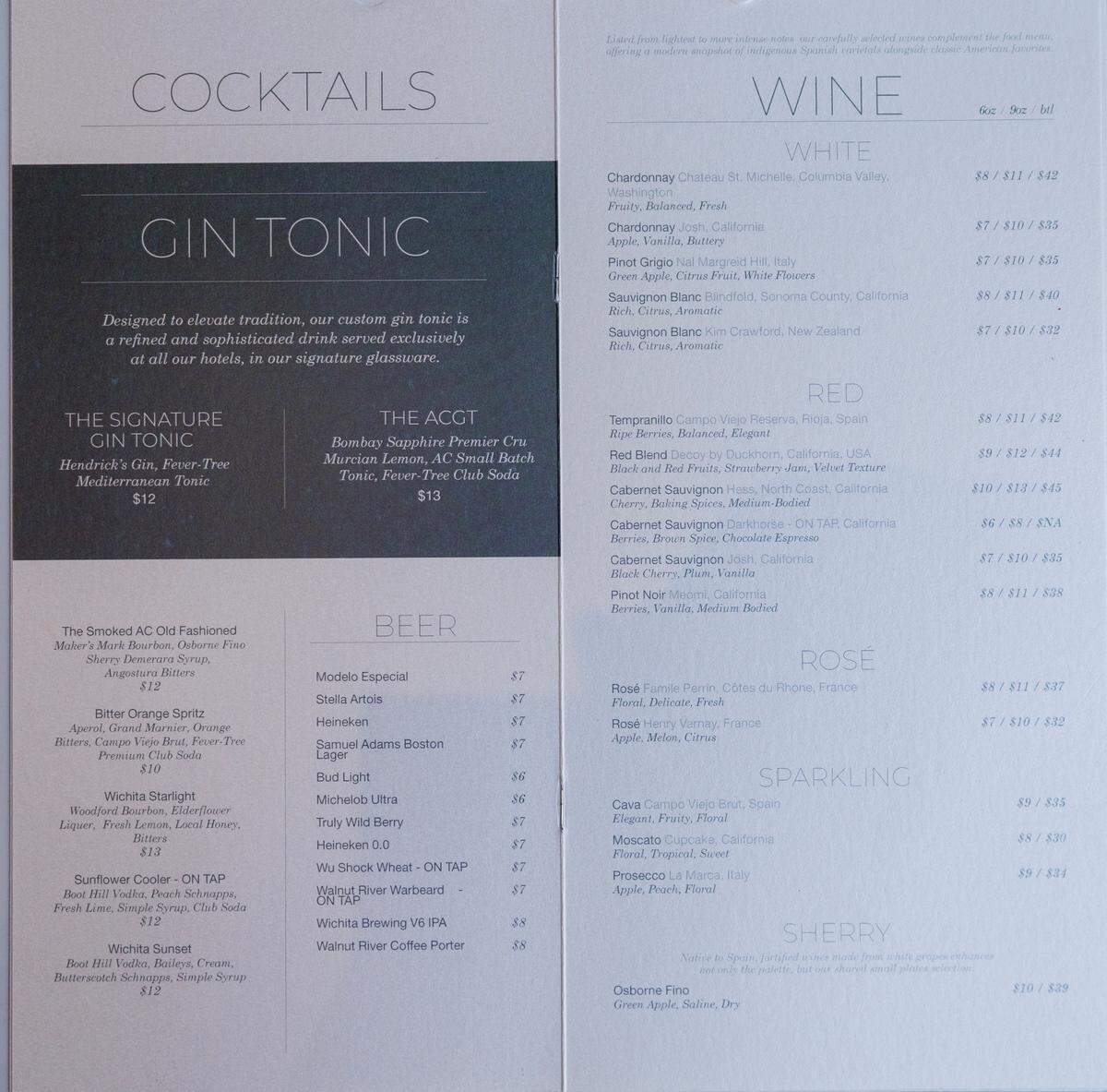 The cocktail menu for the AC Marriott Hotel lounge, which opens on July 16