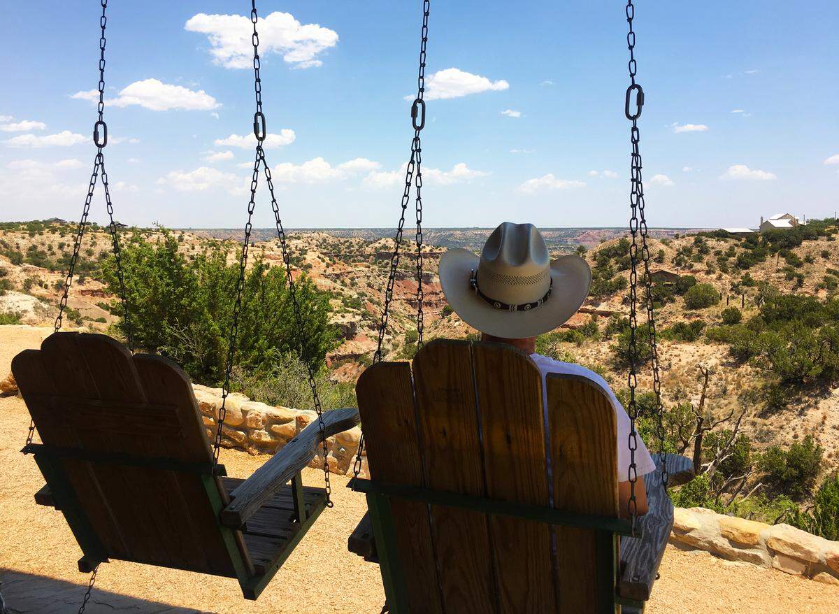 These luxury cabins offer a view of the Palo Duro Canyon, the second largest canyon in the U.S.