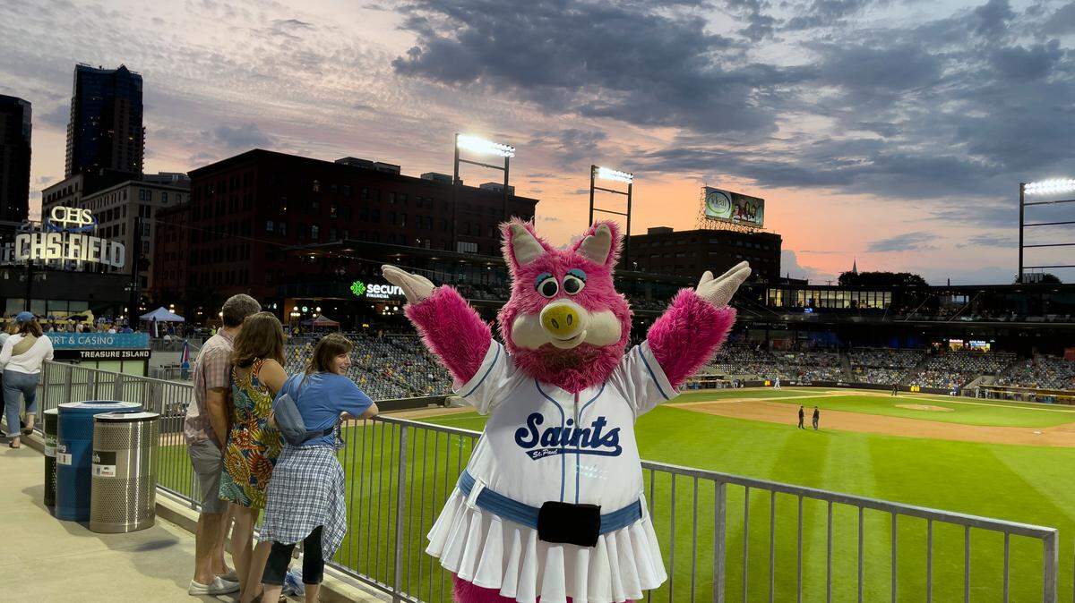 The St. Paul Saints’ mascot is a fluffy, pink pig named Mudonna, or Mud for short.