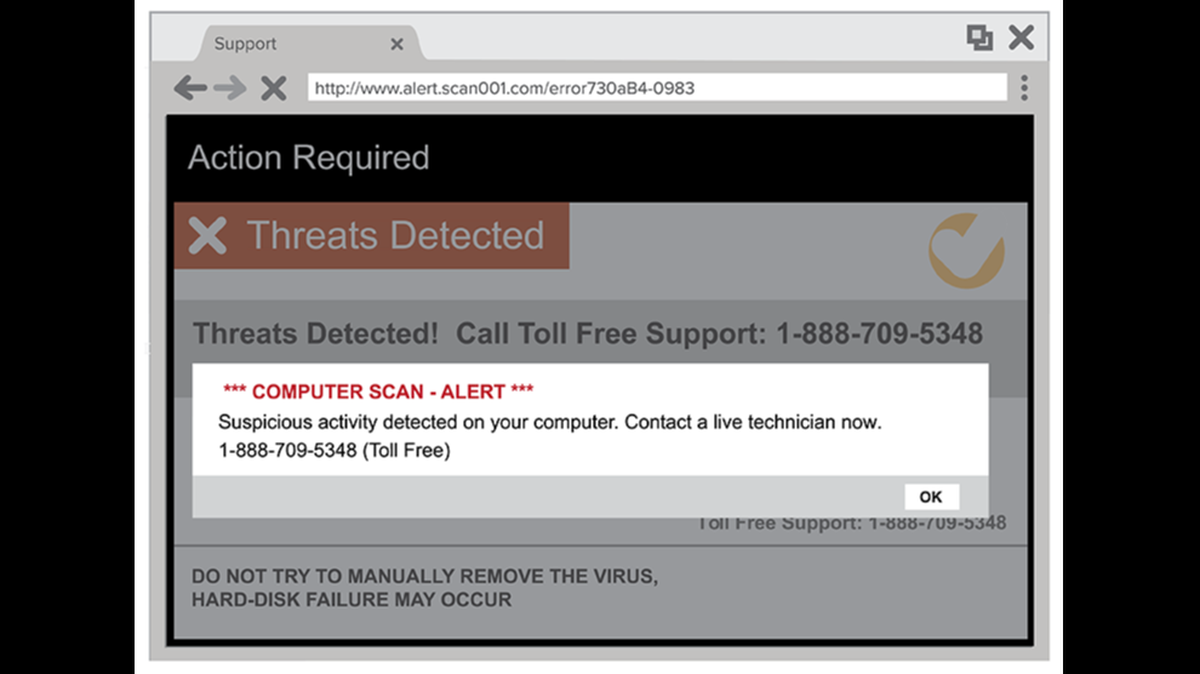 This is an example of the sort of messages tech support scammers use to scare victims. The Federal Trade Commission says if you get this type of pop-up warning on your computer or phone screen, never call the number.