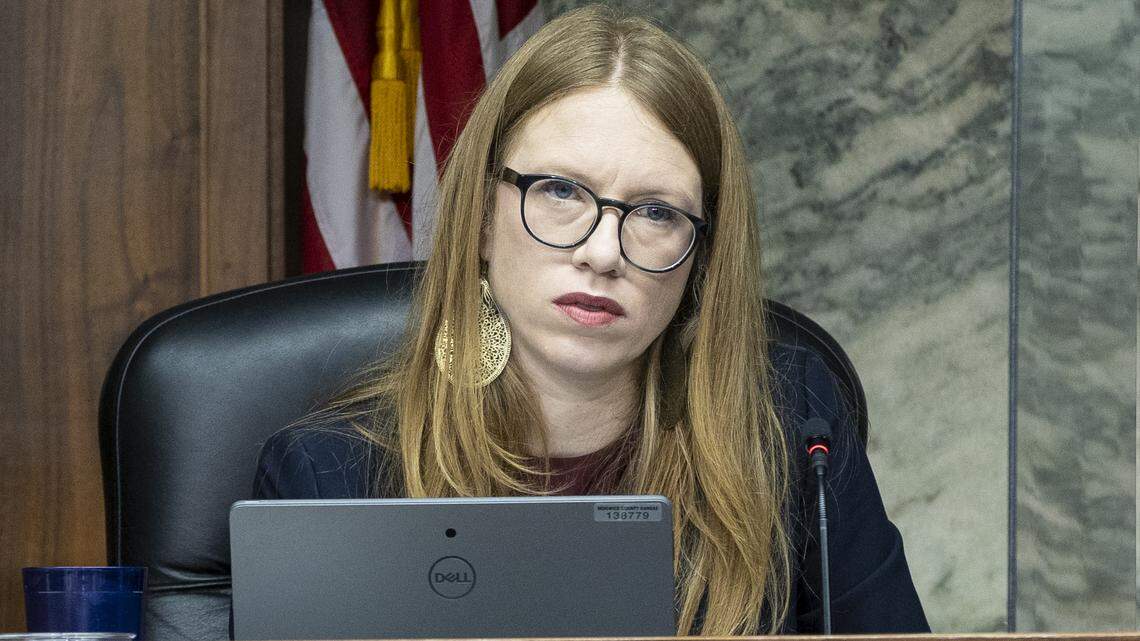 Sedgwick County Commissioner Lacey Cruse at the bench during a 2021 board meeting. Cruse is calling for an independent investigation into the death of 17-year-old Cedric “CJ” Lofton.
