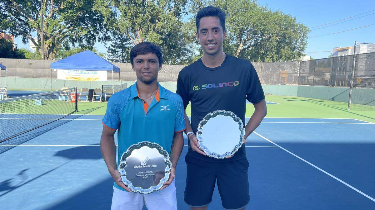 Wichita State tennis players Nico Acevedo (left) and Murkel Dellien (right) teamed up to win the men’s doubles championship at the Wichita Open on Saturday.