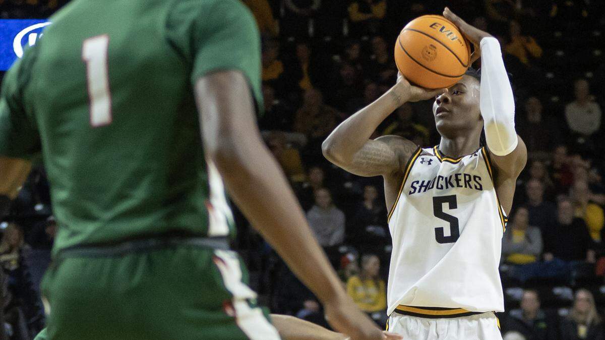 Jaron Pierre Jr., hits one of his five three-pointers during the first half of their game against Mississippi Valley State on Tuesday night at Koch Arena.