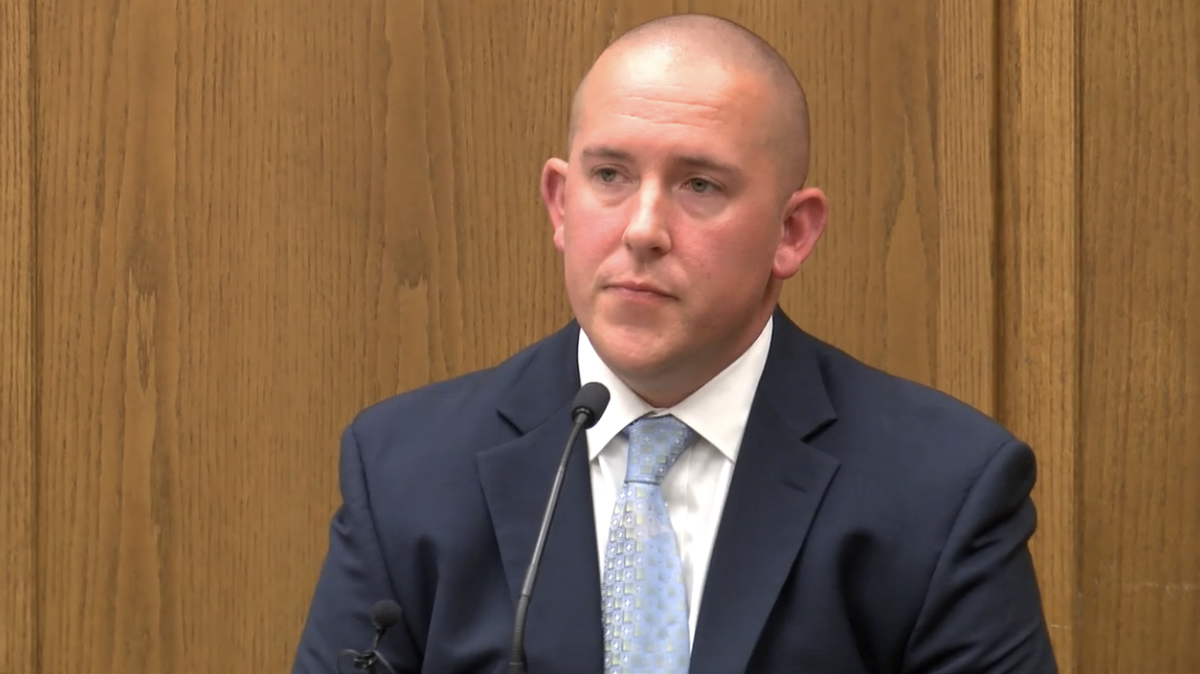 FILE - Wichita police Officer Justin Rapp testifies about the fatal shooting of Andrew Finch on Dec. 28, 2017.
