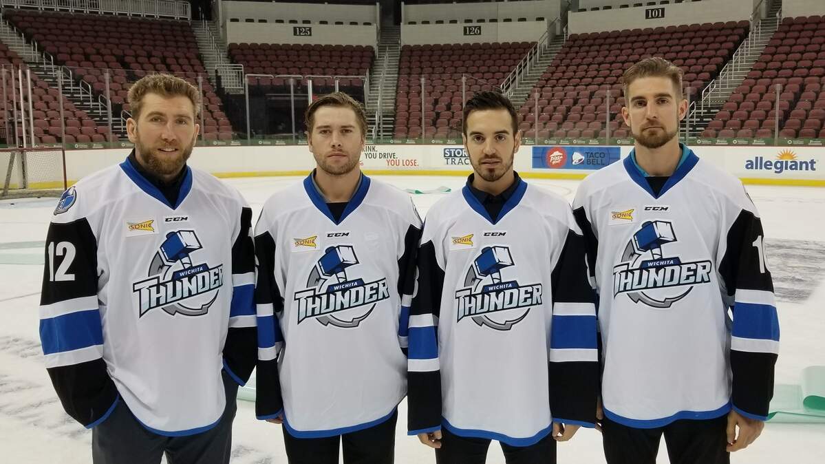 The 2018-19 captains for the Wichita Thunder, from left to right: forward Pierre-Cedric Labrie, forward Dyson Stevenson, forward Ralph Cuddemi, and defenseman Tyler Elbrecht.