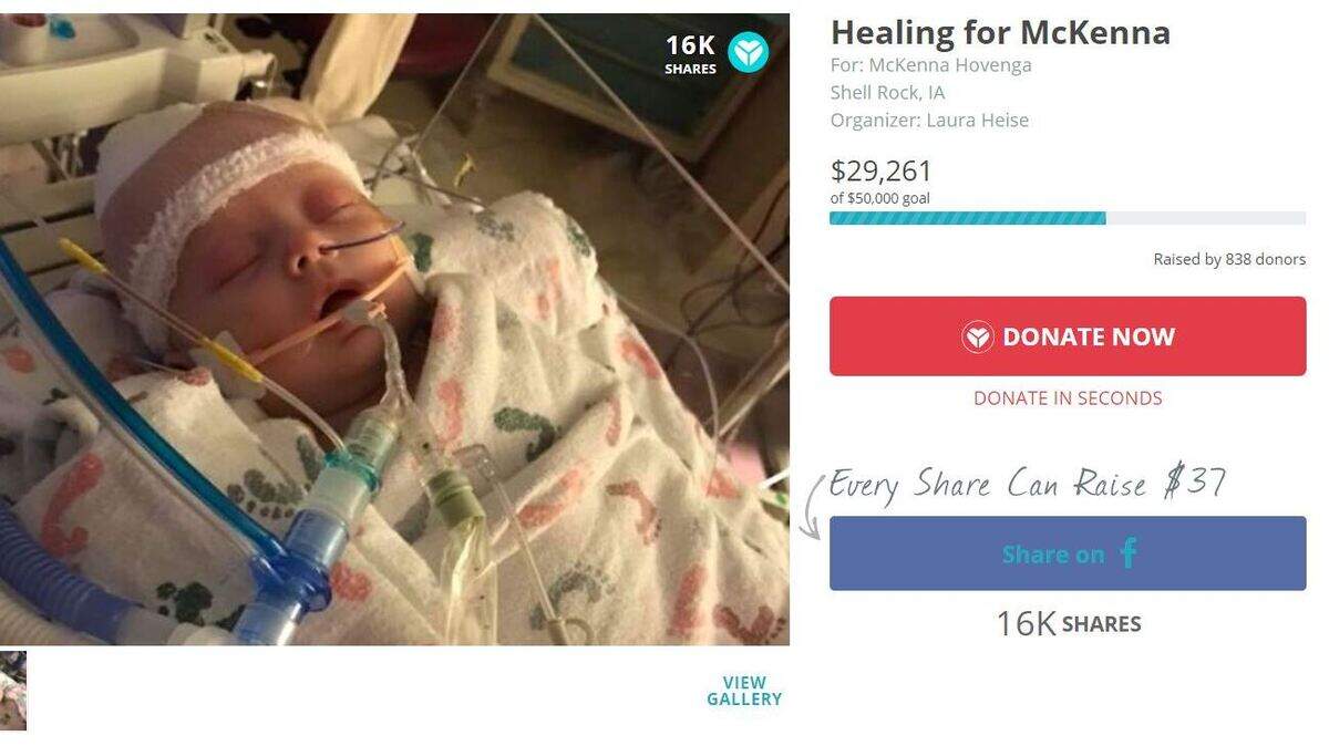 McKenna Hovenga, 7 weeks old, was struck after a ball hit her head during her dad's softball game on May 2.