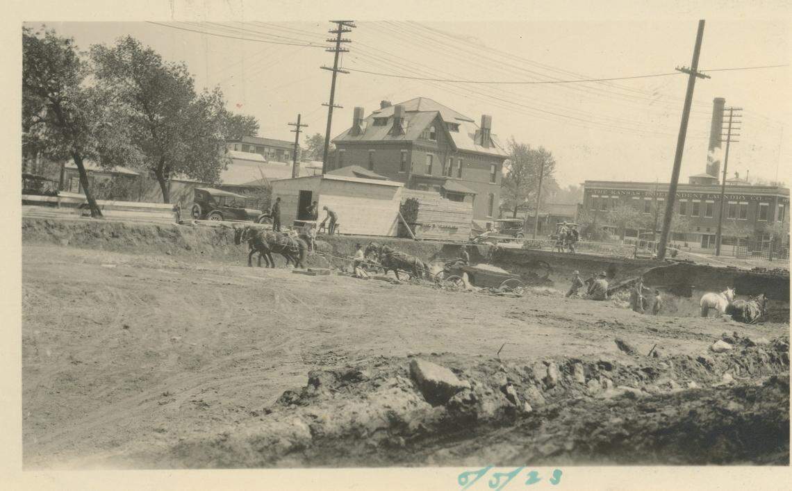 A 1923 photo of the beginning of the construction of the Shirkmere Apartments.