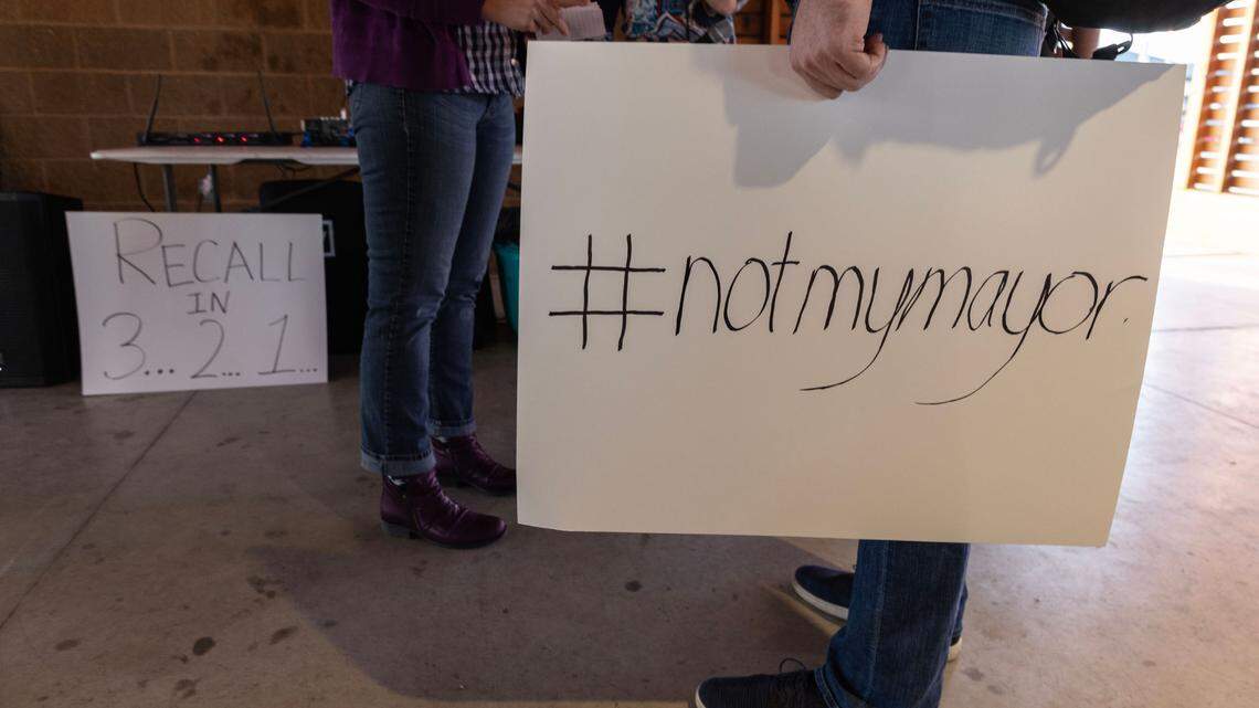 Over 60 people gathered at Goddard’s Linear Park on Monday night to discuss a possible recall movement aimed at Goddard Mayor Hunter Larkin and possibly other members of the Goddard City Council.