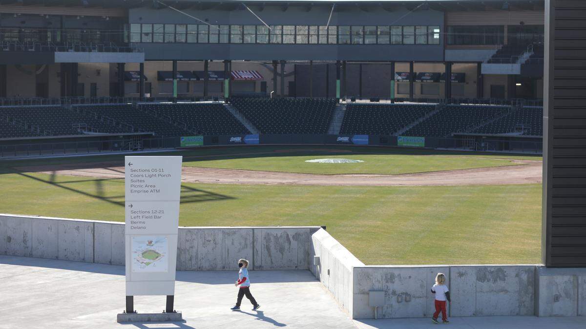 Wichita Mayor Brandon Whipple’s children explore the Riverfront Stadium during a press conference announce that the Wichita Wind Surge will become the Double-A affiliate farm team for the Minnesota Twins for 2021 season. (December 9, 2020)