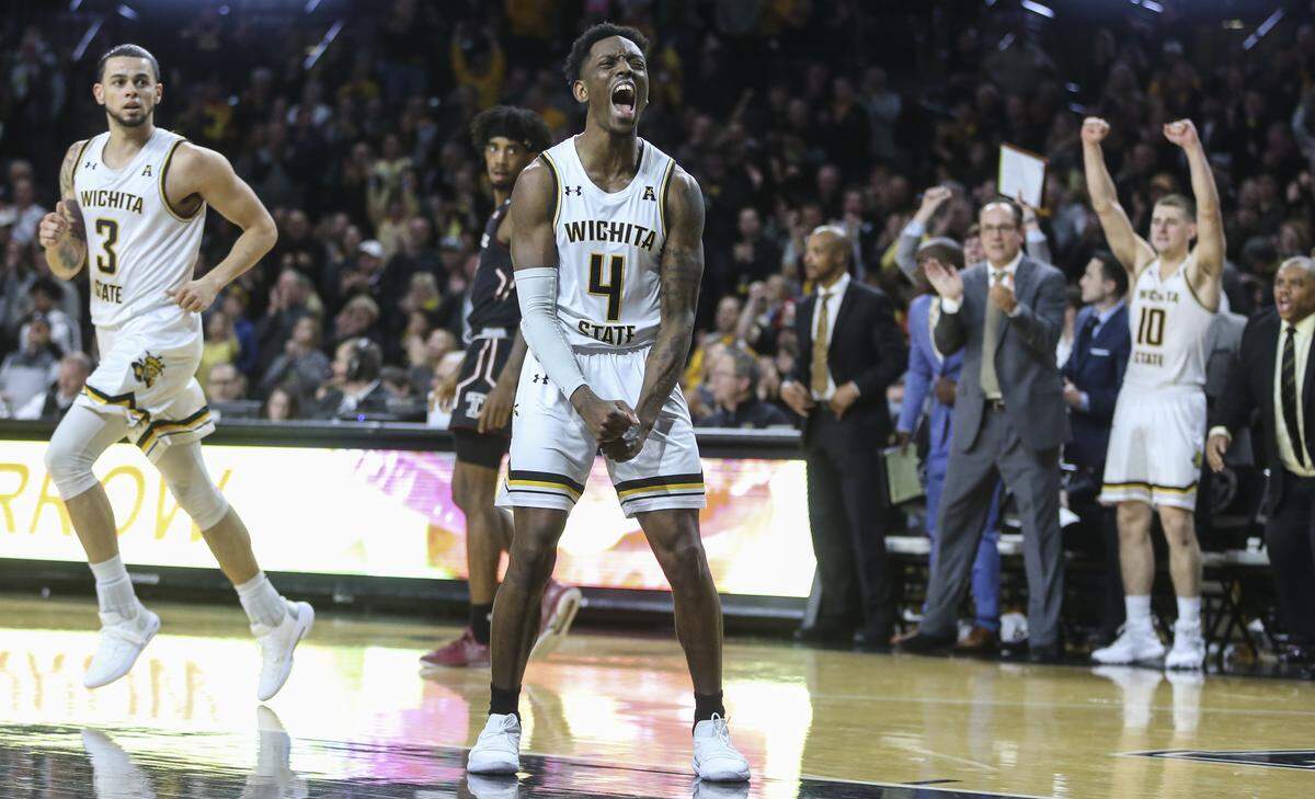Wichita State guard Samajae Haynes-Jones celebrates a big play during the second half of their game against Temple at Koch Arena on Sunday.