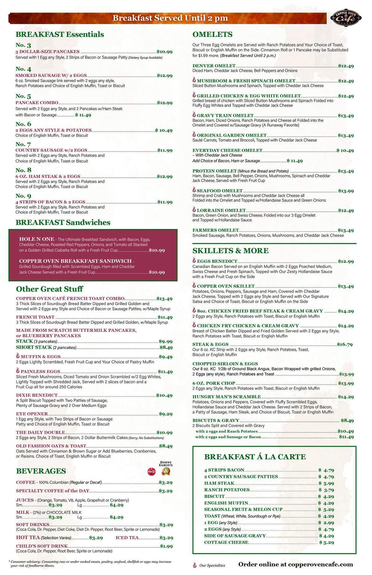 Copper Oven breakfast menu