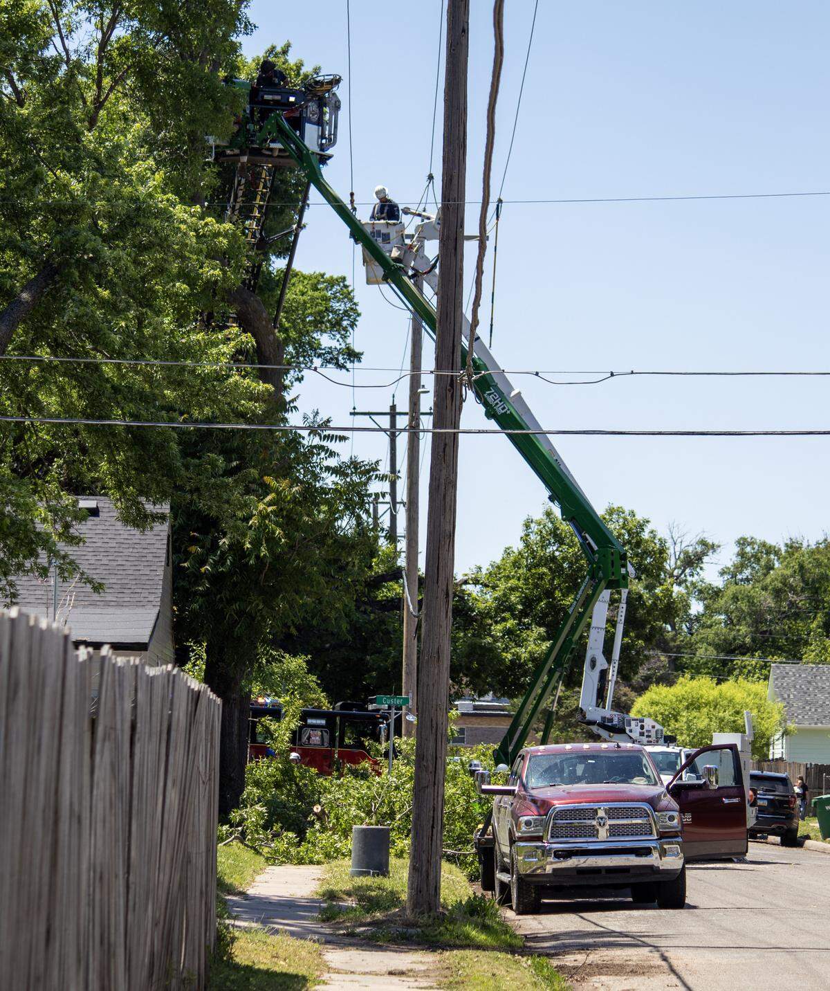 First responders used their own truck with a lift to rescue a man who had been shocked while trimming trees near power lines.