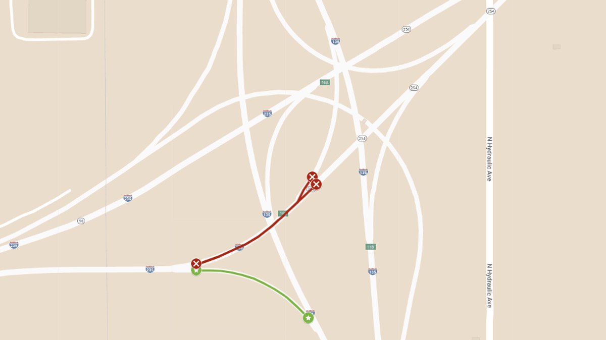 This map illustrates two ramp closures along northbound I-235 in Wichita that will occur over the weekend. A detour is highlighted in green.