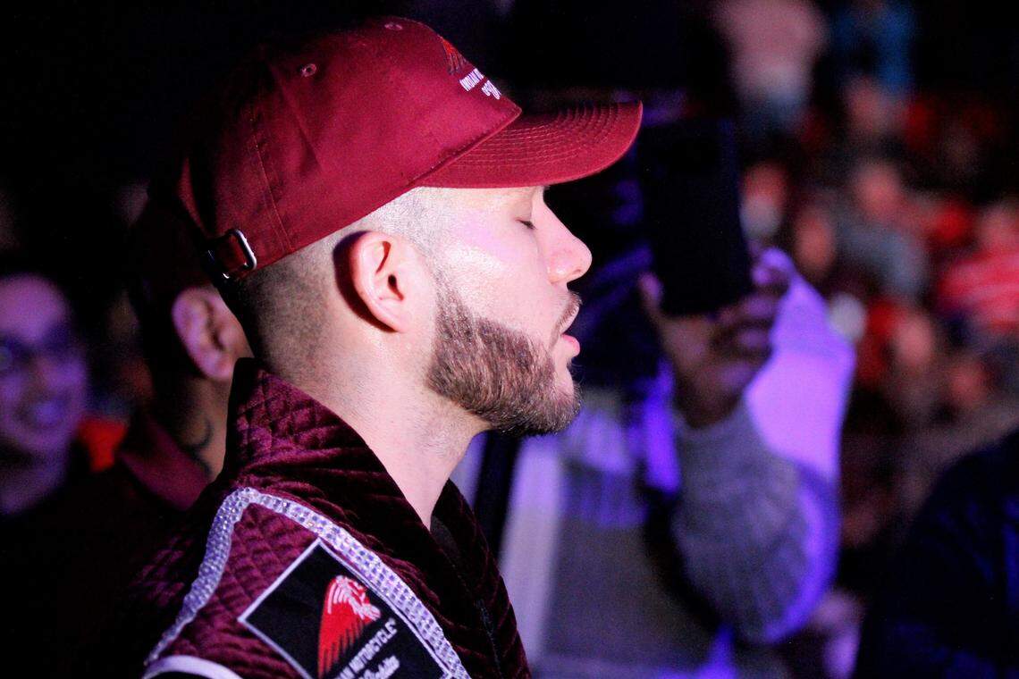 Wichita boxer Nico Hernandez walks to the ring ahead of his bout with Josue Morales on Saturday at the Kansas Star Arena. (Nov. 17, 2018)