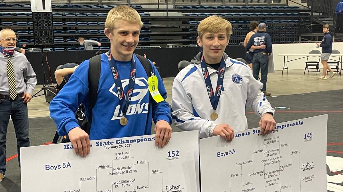 The Fisher brothers, Jace (left) and Jerrdon (right), both won state championships at the Class 5A wrestling tournament at Hartman Arena on Friday.
