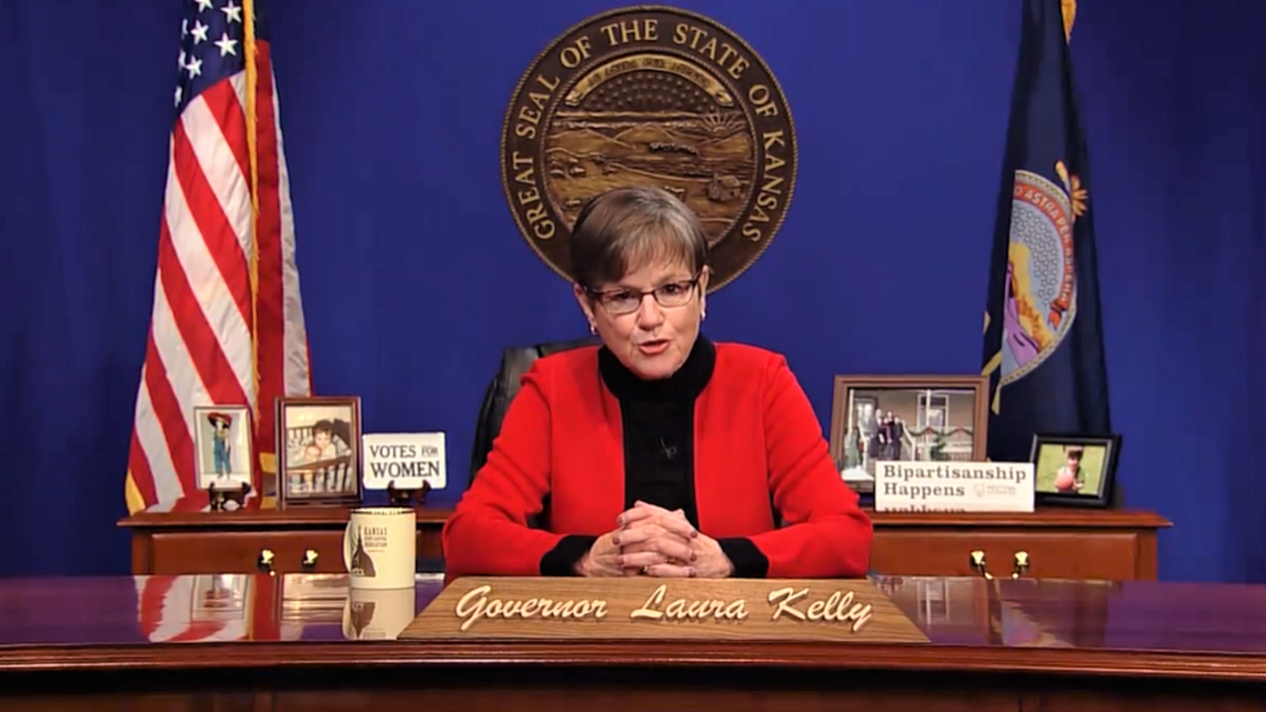 Screenshot from video of Kansas Governor Laura Kelly as she delivers her State of State address on Tuesday, Jan. 12, 2021.