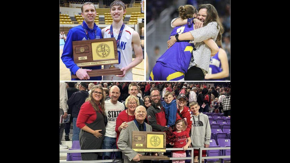 Top left: Andover coach Martin Shetlar and his son, Eli, won the Class 5A boys state title. Top right: Berean coach Kristin Wiebe and her daughter, Avery, won the 2A girls title. Bottom: Moundridge boys coach Vance Unrau celebrated his sixth state title with his family in his final year of coaching.