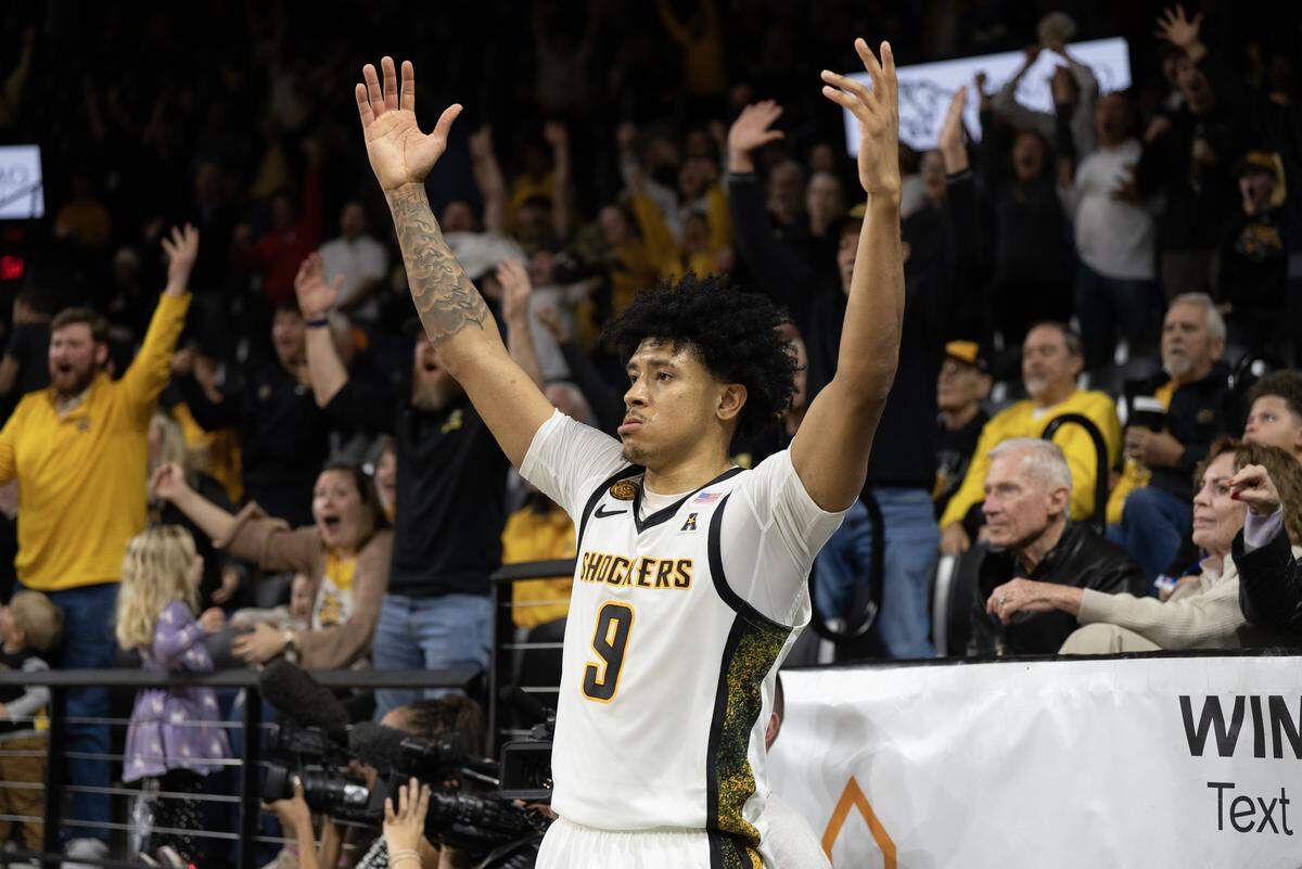 Wichita State’s Michael Gray reacts after sinking a basket in the final seconds against Rice. The basket didn’t count because a foul was called before he shot the ball.