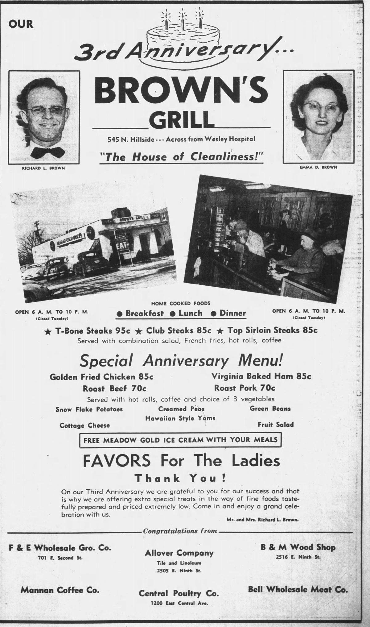 An ad in the March 19, 1949, edition of The Wichita Beacon honored Brown’s Grill’s third anniversary.