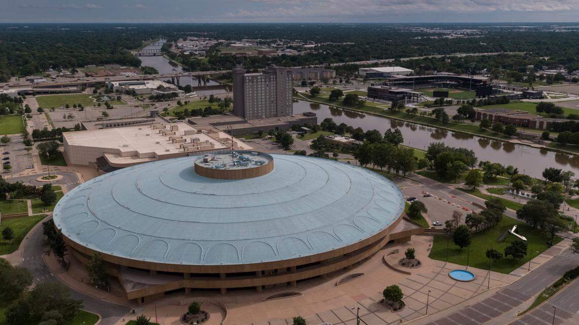 The new plan for Century II will save the blue roundhouse, improve or replace the adjacent Bob Brown Arena, and expand meeting space at the attached Hyatt Regency Hotel in the background.