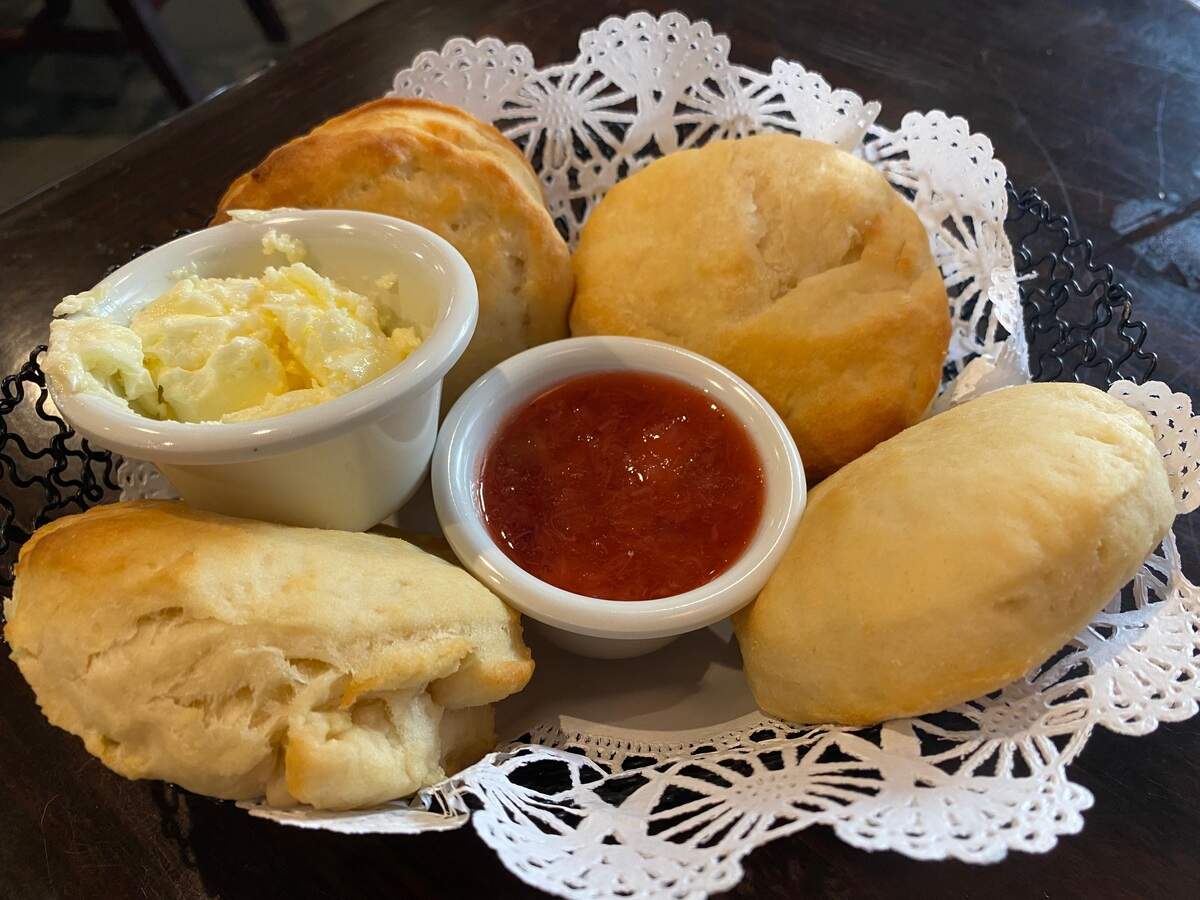 Magnolia Cafe offers homemade biscuits served with strawberry/rhubarb preserves.