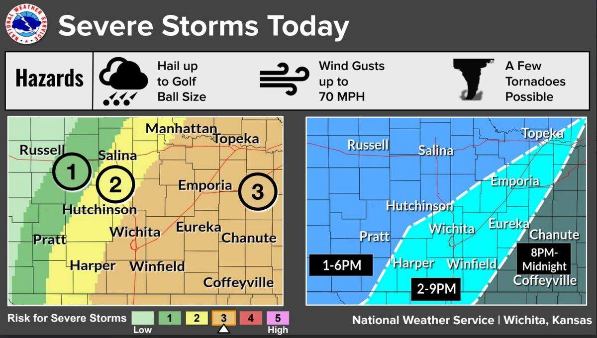 The area with the highest chance of severe weather Wednesday in south-central Kansas now includes Wichita, according to an updated forecast from the National Weather Service. 