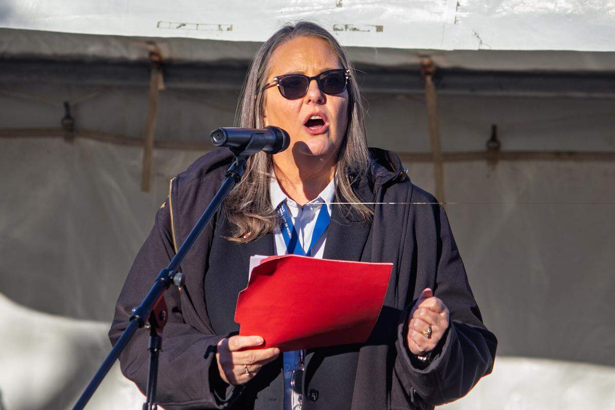 Sally Stang, Wichita’s director of housing, addresses attendees of the Dec. 10, 2025 groundbreaking ceremony for the Park Landing facility. "This one-stop-shop reflects a holistic vision, one that understands homelessness is not a single issue with a single solution," Stand said. "It demands coordinated care, flexible options and a community that refuses to look away."