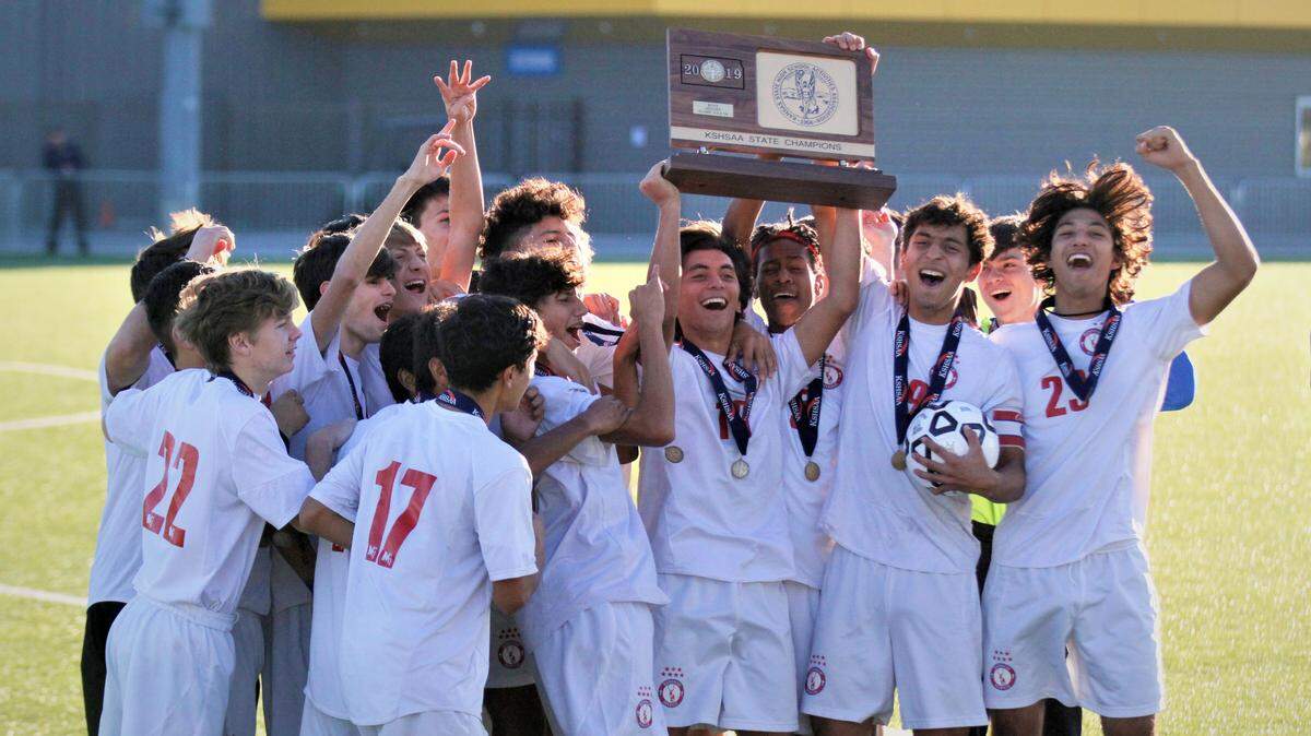 Bishop Miege celebrates its fourth straight Kansas Class 4-1A state soccer championship after a 3-1 win over Wichita’s Trinity Academy.