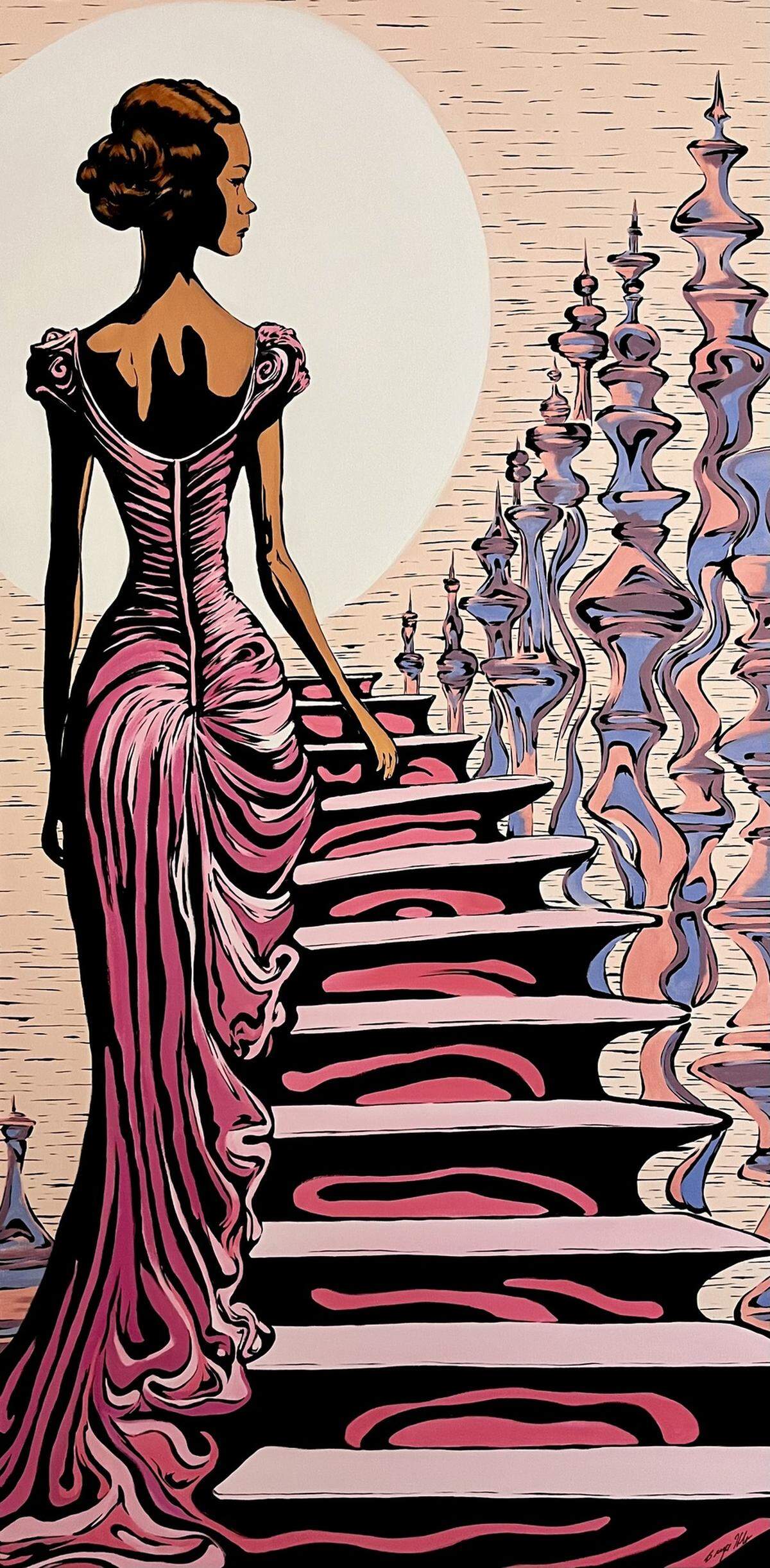 “Up the Down Staircase” by Kansas City-based artist Bryce Holt, who incorporates pop art and surrealism in his paintings