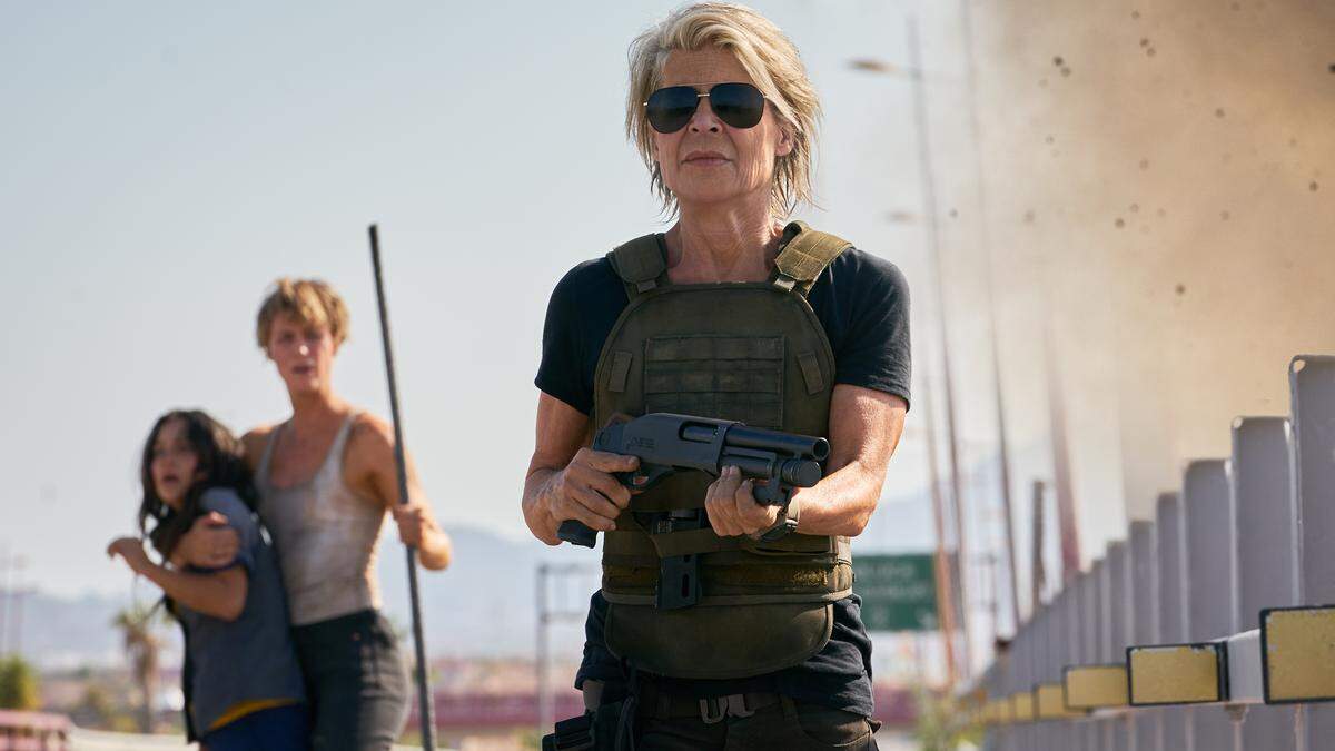 From left, Natalia Reyes, Mackenzie Davis and Linda Hamilton star in “Terminator: Dark Fate,” in theaters Nov. 1.