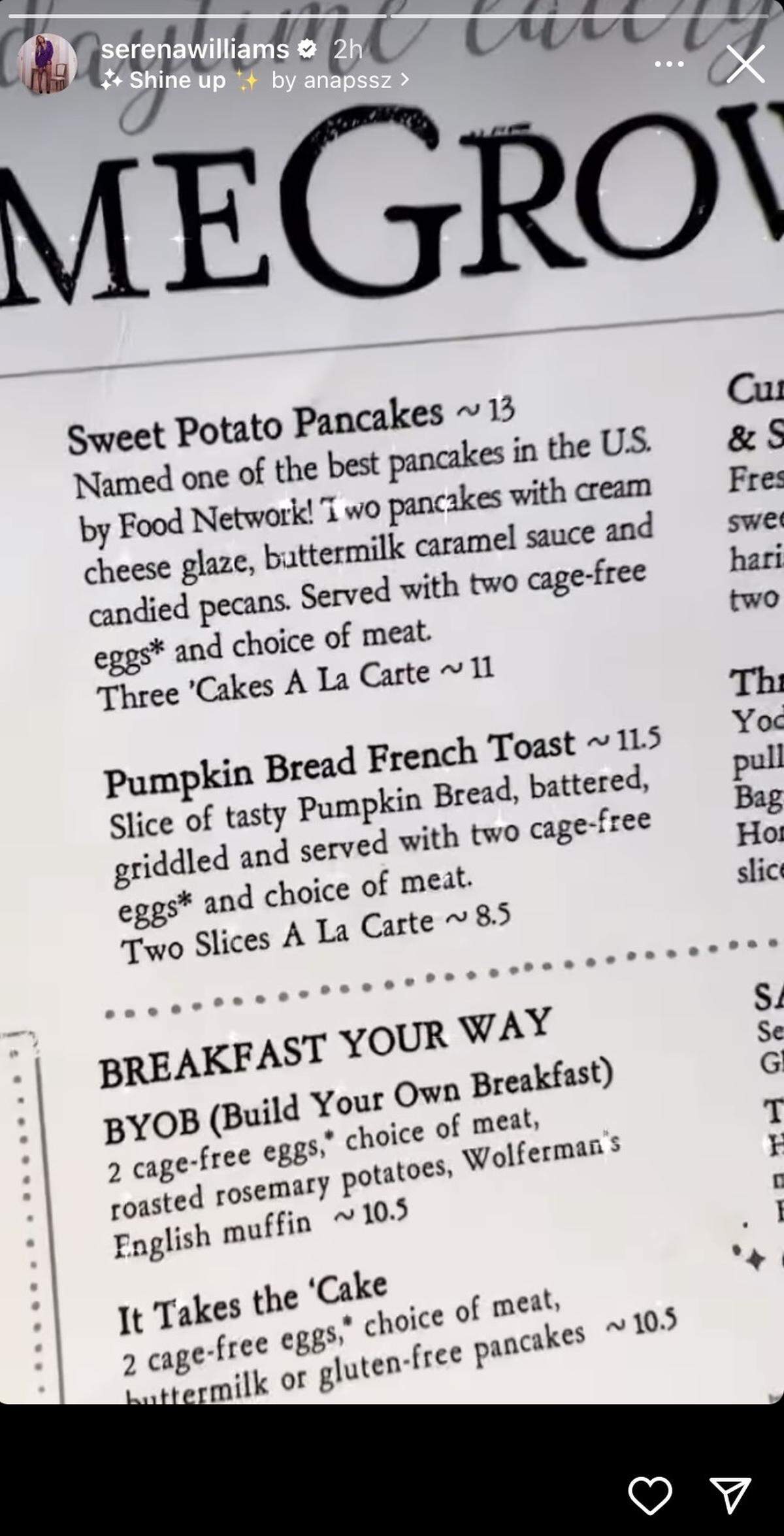 Serena Williams will have the sweet potato pancakes.