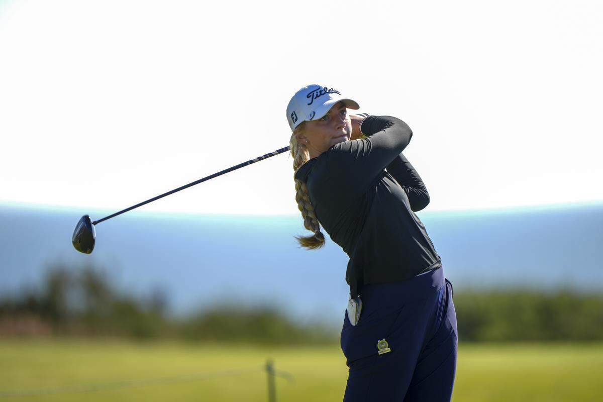 Emerie Schartz plays her tee shot at the fifth hole during the first round of stroke play of the 2025 U.S. Women's Amateur.