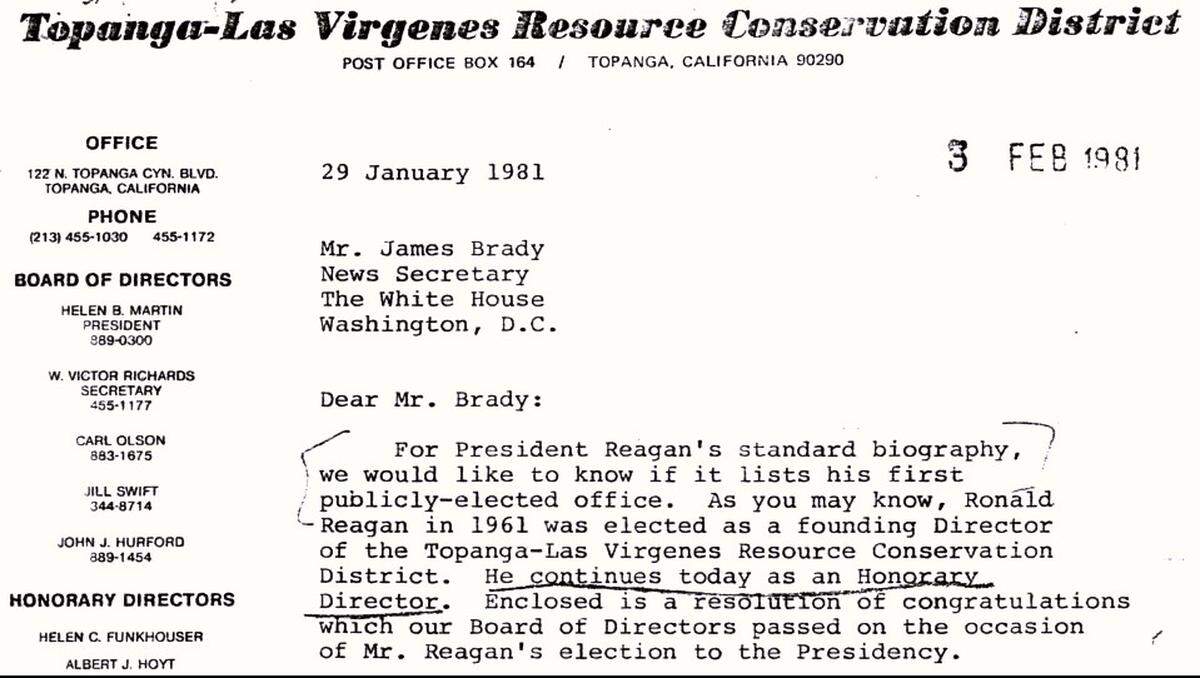 This 1981 letter touched off a flurry of memos at the White House as aides tried to figure out what the Topanga-Las Virgenes Resource Conservation District was and what role Ronald Reagan had had there.