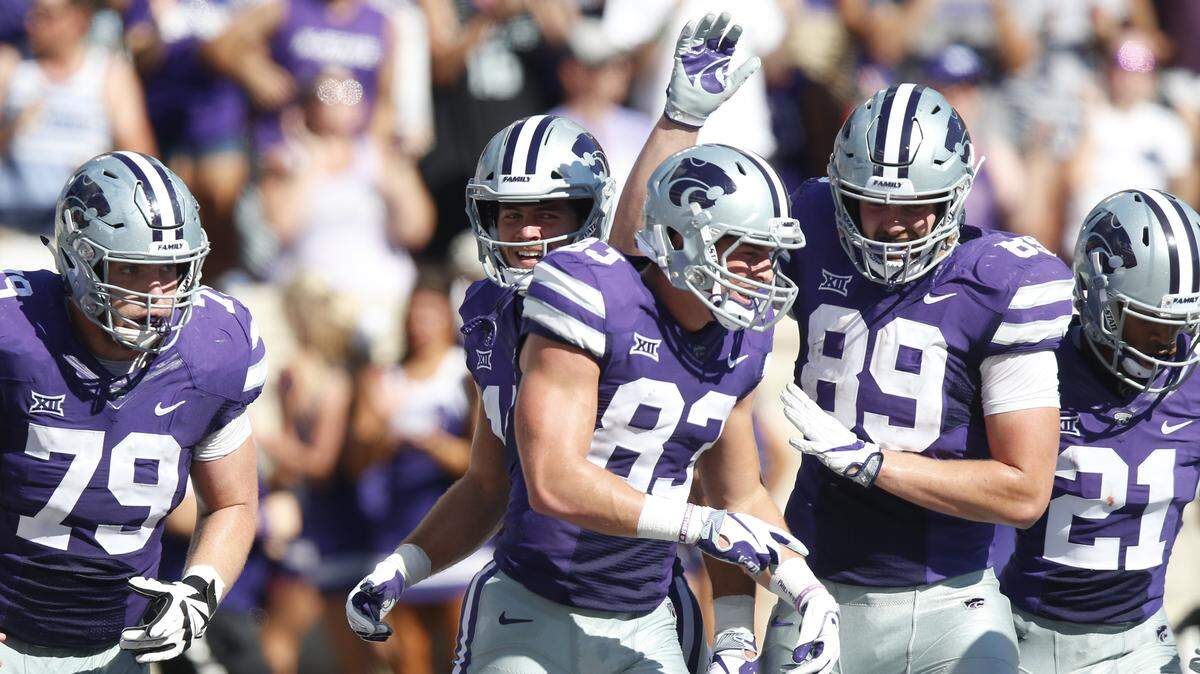 K-State wide receiver Dalton Schoen (83) celebrates a touchdown with teammates Saturday as K-State  took on UTSA .(September 15, 2018)