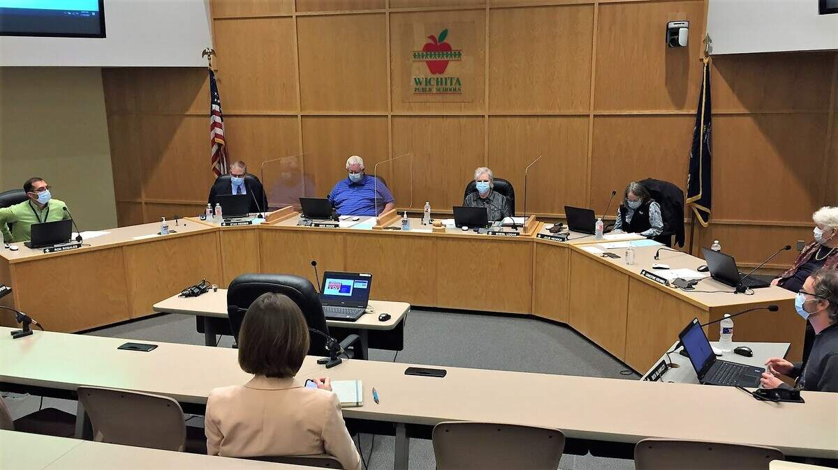 Union members voted to approve two contracts with USD 259, one for security workers and another for non-teacher employees. Now it goes to the school board for final approval. Above, the Wichita school board met Nov. 9, 2020.