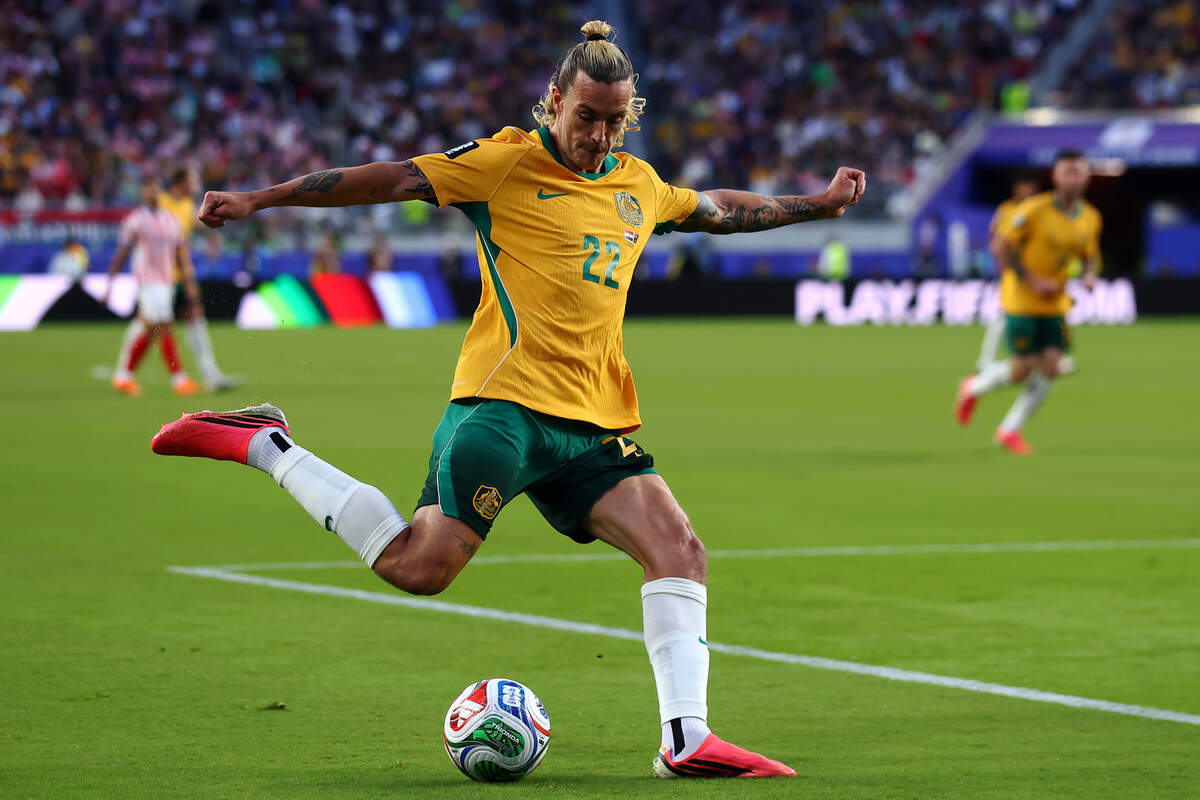 Jackson Irvine of Australia in action during the FIFA World Cup 2026 Group D match between Paraguay and Australia at San Francisco Bay Area Stadium on June 25, 2026 in Santa Clara, California.