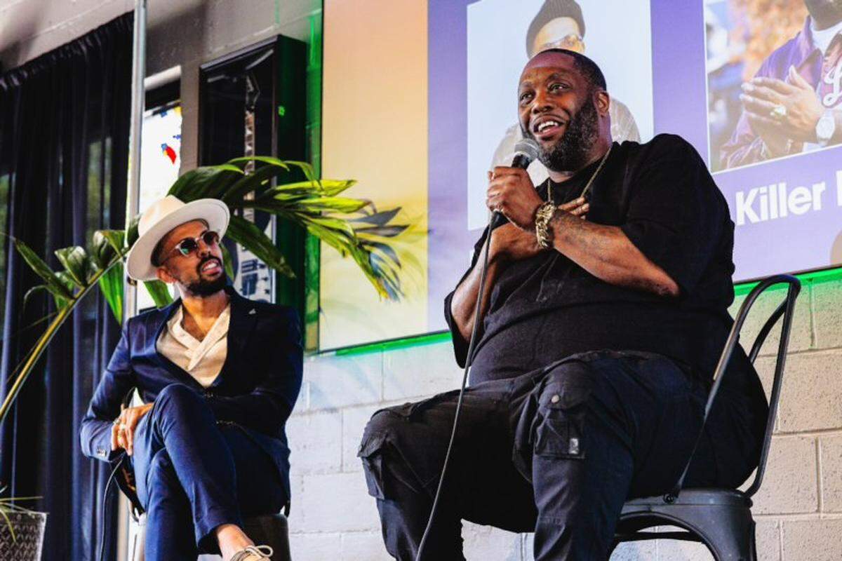 Rudy Love Jr., left, a Wichita musician who also is nationally recognized, speaks with rapper and free speech advocate Killer Mike at last year’s Elsewhere Fest & Conference. It has been renamed Somewhere Fest & Conference for its second event on June 13 and 14.